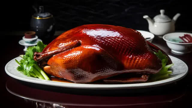 Mesa elegante con servicio de pato pekinés